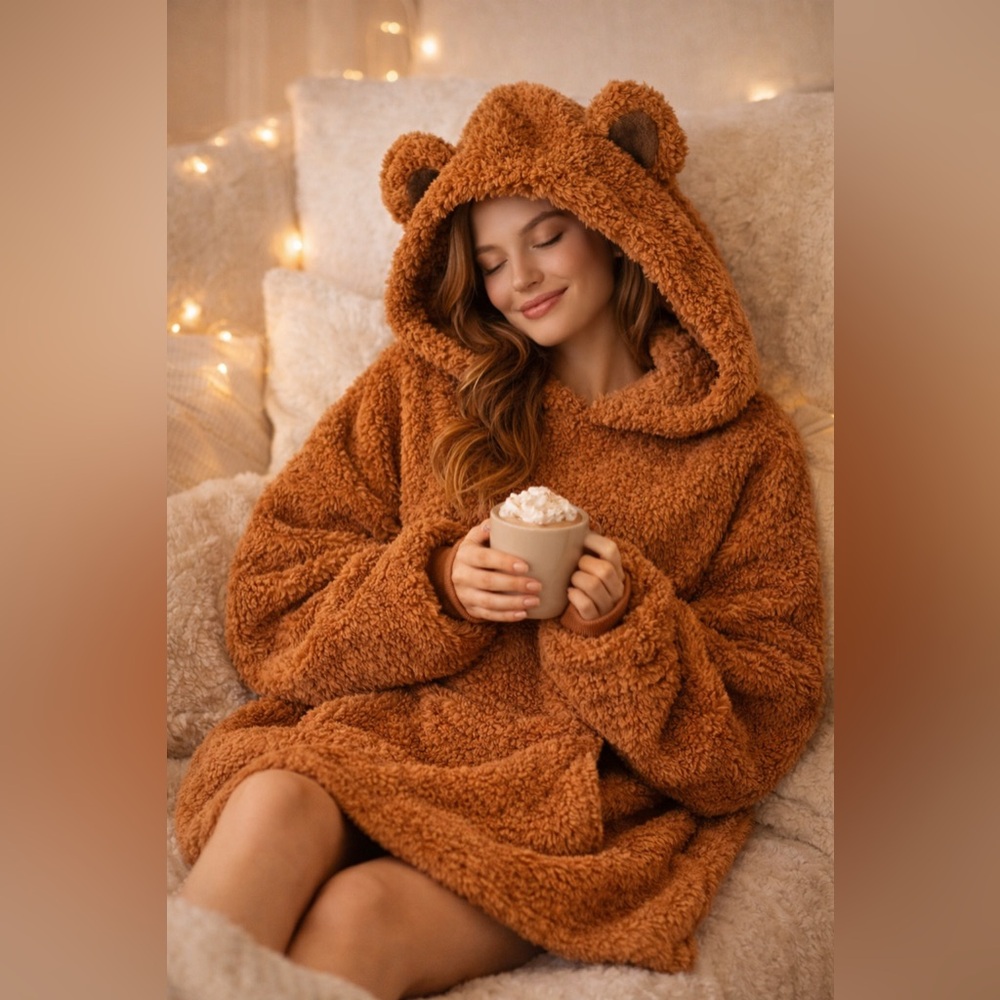 Throwzy by Mario Lorenz Wearable‎ Sherpa Blanket Hoodie Teddy Brown Cozy OS